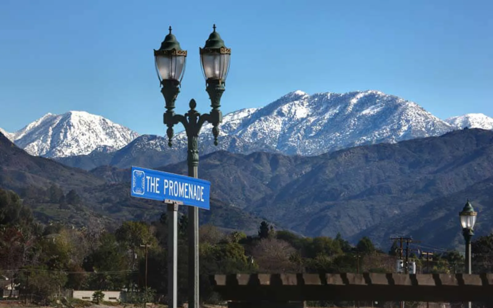 Aerial view of Azusa, a city in the San Gabriel Valley at the base of the San Gabriel Mountains